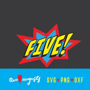 Fünf, Comic, Geburtstag, Superheld, SVG, DXF, PNG, Held, Dateien, Design, Cricut, Silhouette, Trendy, pow, book, super, bam, explodieren Sie