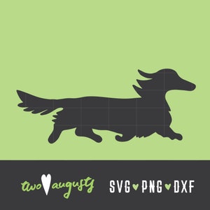 Puede incluir: Silueta negra de un dachshund corriendo hacia la derecha. La silueta está sobre un fondo verde claro. El texto "two augusty" está en la parte inferior izquierda de la imagen. El texto "SVG PNG DXF" está en la parte inferior derecha de la imagen.