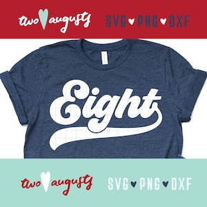 May include: A blue t-shirt with a white graphic that says "Eight" in a retro baseball font.