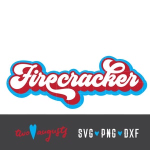 May include: White text that says "Firecracker" in a red and blue outline. The text is in a retro style font.