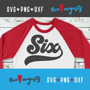 Zes honkbal, softbal, getal, SVG, DXF, PNG, bestand, Cricut, silhouet, 6, 6e, verjaardag, jaar oud, cursief, swash, swoosh, decoratie