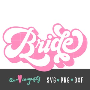 Könnte beinhalten: Pinkfarbener und weißer stilisierter Text, der "Bride" in einer Retro-Schriftart lautet.