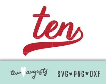 Dziesięć Baseball Style Number SVG, DXF i PNG, plik svg, svg dla Cricut, svg dla Silhouette, 10, 10. urodziny, 10-latek, pismo odręczne, dziesięć lat