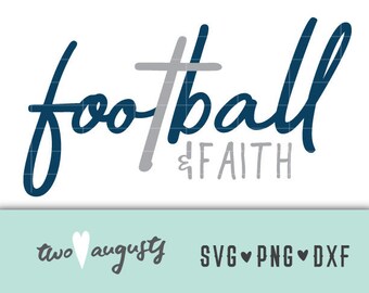 May include: A navy blue and grey graphic design with the text "football & faith" in a handwritten style.