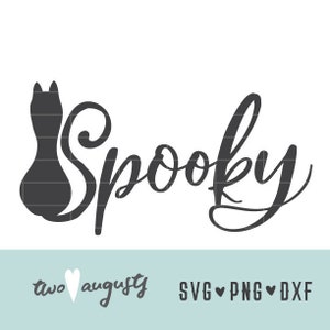 以下が含まれることがあります： 猫の黒いシルエットと、筆記体で書かれた「Spooky」という単語