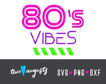 May include: 80's Vibes text in a retro neon style with pink, purple, and green colours. The text is outlined in black and has a striped pattern underneath.