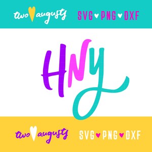 Könnte beinhalten: Ein farbenfrohes Grafikdesign mit dem Wort "HNY" in einer stilisierten Schriftart. Das "H" ist lila, das "N" ist rosa und das "Y" ist türkis.