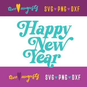 Könnte beinhalten: Frohes Neues Jahr in einer türkisblauen Schriftart. Der Text befindet sich auf einem weißen Hintergrund.