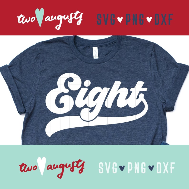 May include: A blue t-shirt with a white graphic that says "Eight" in a retro baseball font.