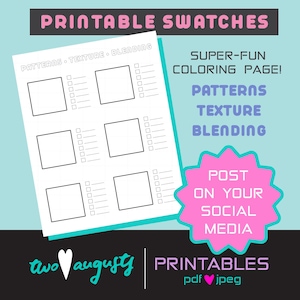 Könnte beinhalten: Ein druckbares Musterblatt mit dem Text "PRINTABLE SWATCHES" oben. Das Blatt enthält Quadrate zum Ausmalen und die Wörter "PATTERNS TEXTURE BLENDING". Zusätzlicher Text enthält "SUPER-FUN COLORING PAGE!" und "POST ON YOUR SOCIAL MEDIA".