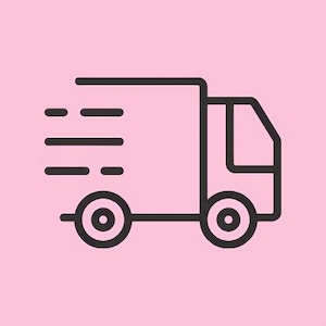 Peut inclure: Illustration en noir d'un camion de livraison sur fond rose. Le camion est représenté de profil, avec deux roues, une zone de chargement rectangulaire et une cabine de conducteur. Des lignes de vitesse suggèrent le mouvement.
