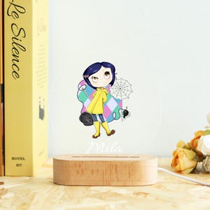 May include: A wooden base supports a clear, circular acrylic night light featuring a cartoon girl in a yellow raincoat. The girl is holding a black bag and a spider web. The name "Mila" is written below the image.