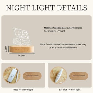 May include: A night light with a car design and the number 95, made of wood and acrylic. The base is 14.5cm long and 3.5cm high. The text "NIGHT LIGHT DETAILS" is at the top.