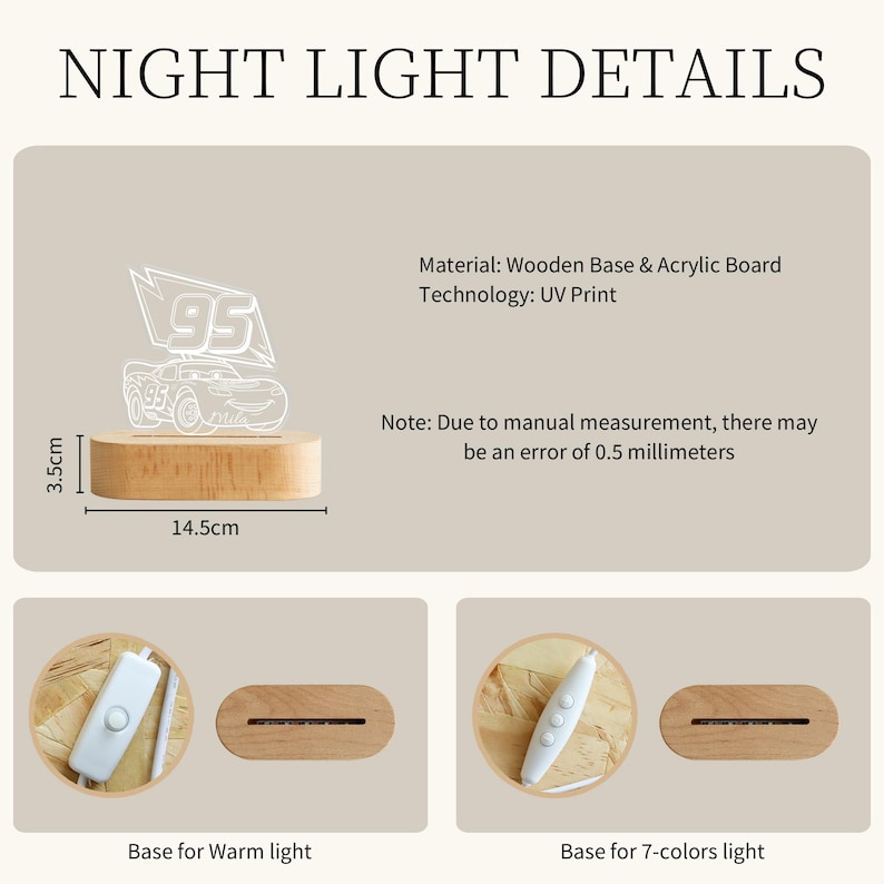 May include: A night light with a car design and the number 95, made of wood and acrylic. The base is 14.5cm long and 3.5cm high. The text "NIGHT LIGHT DETAILS" is at the top.