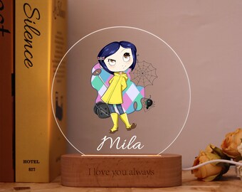 Custom Chibi Coraline with Spider Web Night Light with Name,Lamp of Q-Style Coraline with Spider and Button Elements,Gift for Coraline Fans