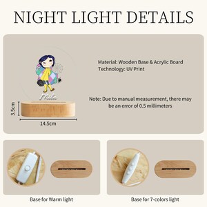 May include: A wooden base night light with an acrylic board featuring a cartoon character. The base is 14.5cm long and 3.5cm high. The text "Night Light Details" is at the top. The light has a warm light and a 7-colors light option.