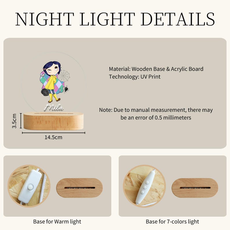 May include: A wooden base night light with an acrylic board featuring a cartoon character. The base is 14.5cm long and 3.5cm high. The text "Night Light Details" is at the top. The light has a warm light and a 7-colors light option.
