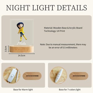 May include: A night light with a wooden base and acrylic board, featuring a cartoon character in a yellow coat and boots. The light is 3.5 cm high and 14.5 cm wide. The name "Mila" is written on the acrylic board. The base is for warm light or 7-colors light.