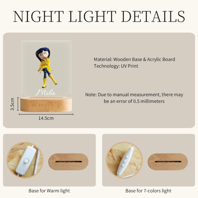 May include: A night light with a wooden base and acrylic board, featuring a cartoon character in a yellow coat and boots. The light is 3.5 cm high and 14.5 cm wide. The name "Mila" is written on the acrylic board. The base is for warm light or 7-colors light.