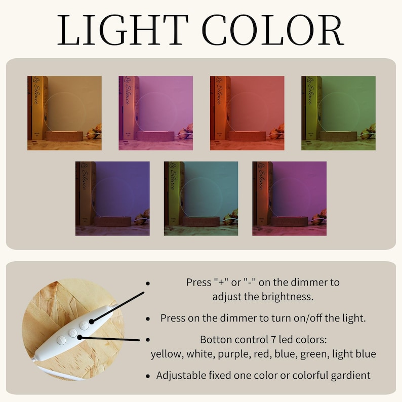 May include: A decorative LED light with a wooden base and a clear, circular acrylic panel. The image shows the light in various colors, including yellow, purple, and blue. The text reads "LIGHT COLOR". The light has a remote control with brightness and color options.