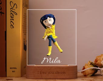 Custom Coraline Night Light with Name,Personalized Lamp of Coraline from Coraline in Yellow Raincoat in Seated Thinking Stance,Perfect Gift