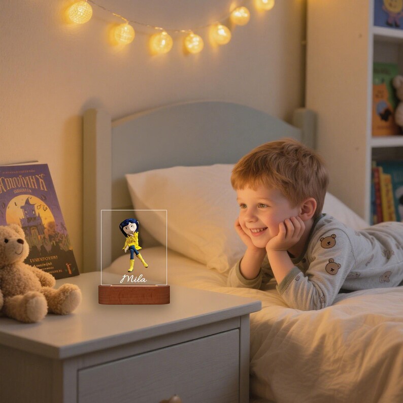 May include: A nightstand with a wooden base lamp featuring a cartoon character in a yellow coat and blue hair. The lamp has the name "Mila" on it. A young child is lying on a bed, looking at the lamp with a smile.