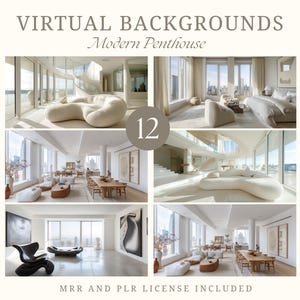 Könnte beinhalten: Eine Sammlung von 12 virtuellen Hintergründen mit modernen Penthouse-Interieurs. Die Bilder zeigen helle, luftige Räume mit großen Fenstern, modernen Möbeln und neutralen Farbpaletten. Der Text oben lautet "VIRTUAL BACKGROUNDS Modern Penthouse".