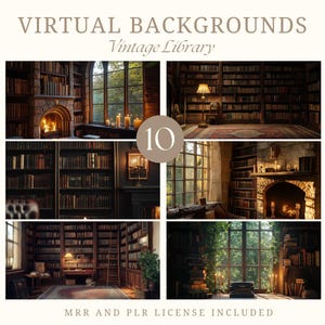 Könnte beinhalten: Zehn virtuelle Hintergründe mit einem Vintage-Bibliotheks-Setting mit Bücherregalen, Kaminen und Fenstern. Die Hintergründe sind perfekt für Zoom-Meetings, Online-Kurse oder virtuelle Events.