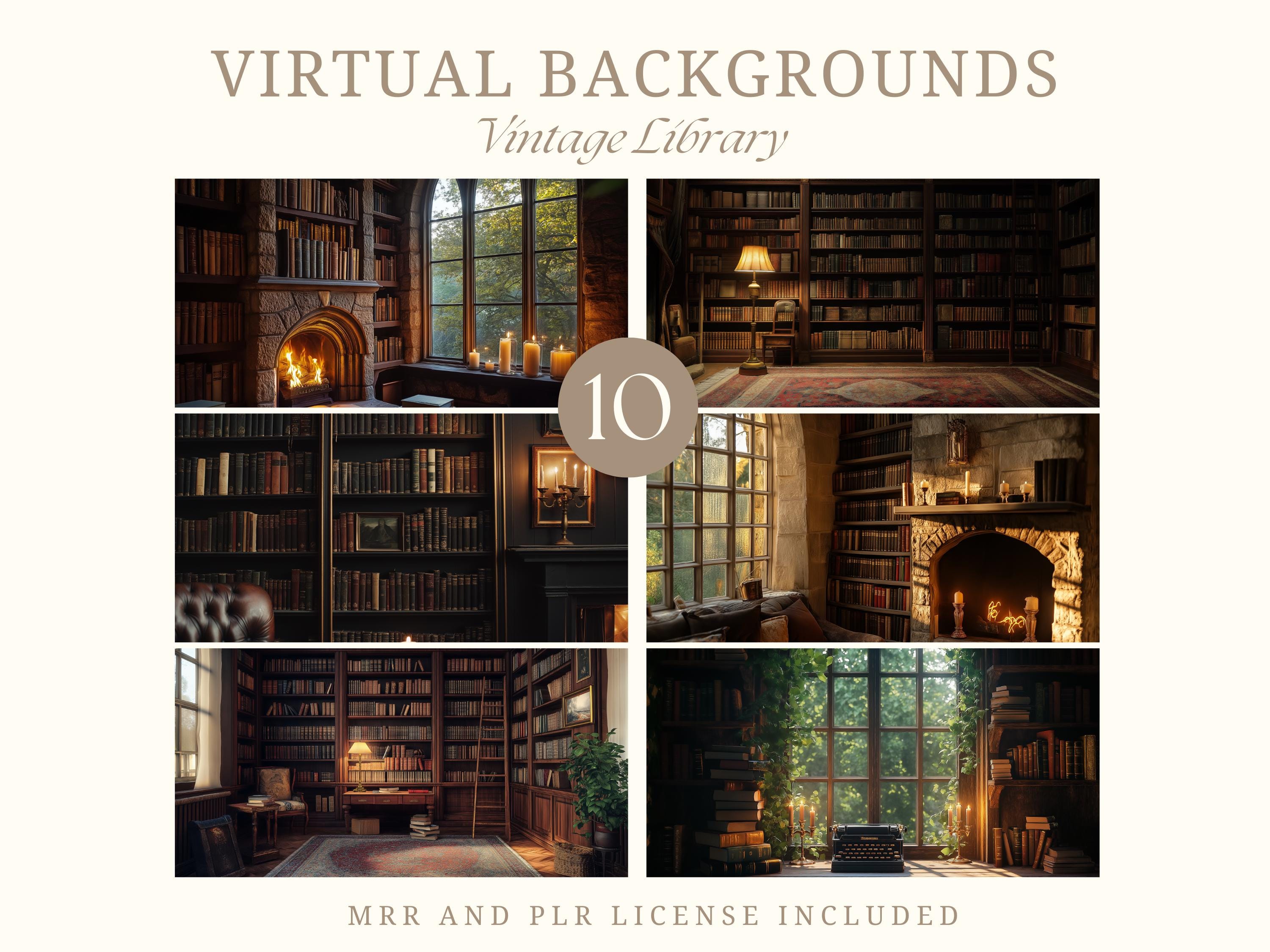 Vintage Library Zoom Background Bookshelf Virtual Backdrop for Video ...