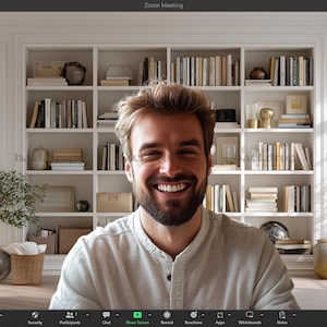 May include: A man smiling during a Zoom meeting. The background features a white bookshelf filled with books and decorative items. A small tree and other decorative items are on the desk. The Zoom interface is visible at the bottom.