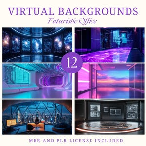 Peut inclure: Un ensemble de 12 fonds d'écran virtuels représentant des bureaux futuristes avec des néons et des écrans lumineux. Les fonds d'écran sont parfaits pour les appels vidéo et les réunions en ligne.