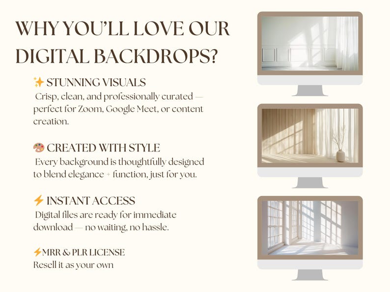 Minimalist Interior Zoom Background Professional Virtual Meeting Setup Natural Window Light Collection Modern Home Office Design Clean White Wall Scene Digital Backdrop Package Premium Quality Content Commercial License Include Professional