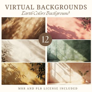 May include: A collection of 12 virtual backgrounds in earth tones. The backgrounds feature textures and shadows, with a variety of colors including brown, pink, green, and beige. The text "Virtual Backgrounds" and "Earth Colors Background" are displayed at the top.