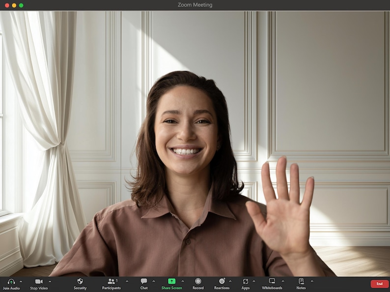 Minimalist Interior Zoom Background Professional Virtual Meeting Setup Natural Window Light Collection Modern Home Office Design Clean White Wall Scene Digital Backdrop Package Premium Quality Content Commercial License Include Professional