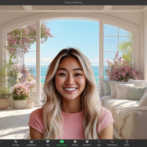 Könnte beinhalten: Eine lächelnde Person mit blonden Haaren und einem rosa Oberteil vor einem Zoom Meeting-Hintergrund. Der Hintergrund zeigt einen hellen Raum mit großen Fenstern mit Blick auf eine Strandszene, mit Blumen und einem weißen Sofa.