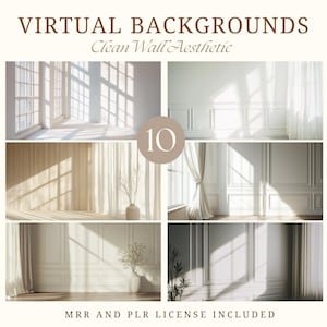 May include: A set of 10 virtual backgrounds featuring clean white walls with natural light streaming through windows. The backgrounds are perfect for Zoom meetings, online presentations, or virtual events.