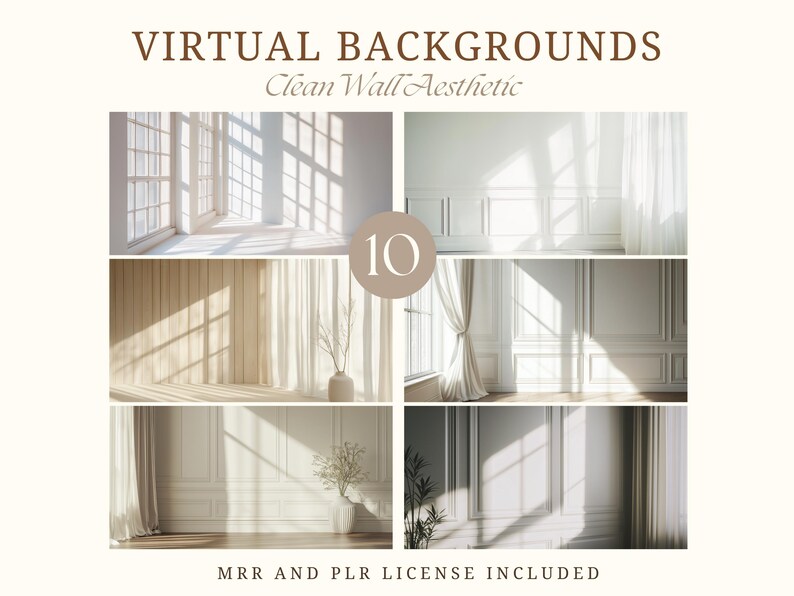 Minimalist Interior Zoom Background Professional Virtual Meeting Setup Natural Window Light Collection Modern Home Office Design Clean White Wall Scene Digital Backdrop Package Premium Quality Content Commercial License Include Professional