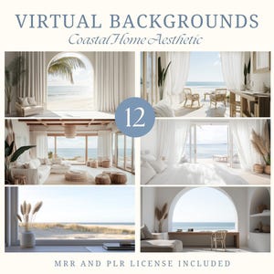 Könnte beinhalten: Ein Set mit 12 virtuellen Hintergründen mit einem Küsten-Heim-Ambiente. Die Hintergründe zeigen verschiedene Räume mit weißen Wänden, großen Fenstern und Blick auf das Meer. MRR- und PLR-Lizenz inklusive.