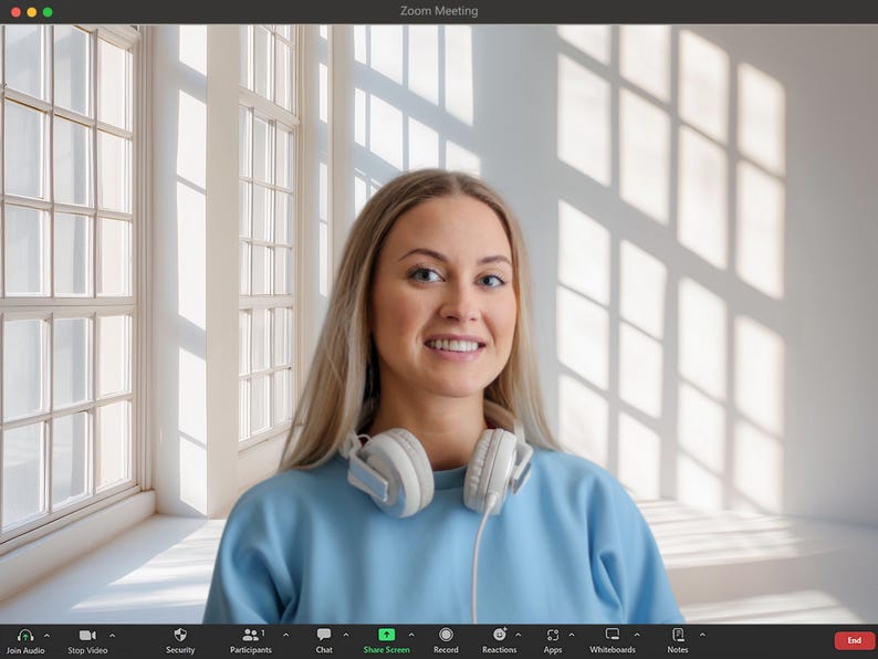 Minimalist Interior Zoom Background Professional Virtual Meeting Setup Natural Window Light Collection Modern Home Office Design Clean White Wall Scene Digital Backdrop Package Premium Quality Content Commercial License Include Professional