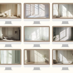 Minimalist Interior Zoom Background Professional Virtual Meeting Setup Natural Window Light Collection Modern Home Office Design Clean White Wall Scene Digital Backdrop Package Premium Quality Content Commercial License Include Professional