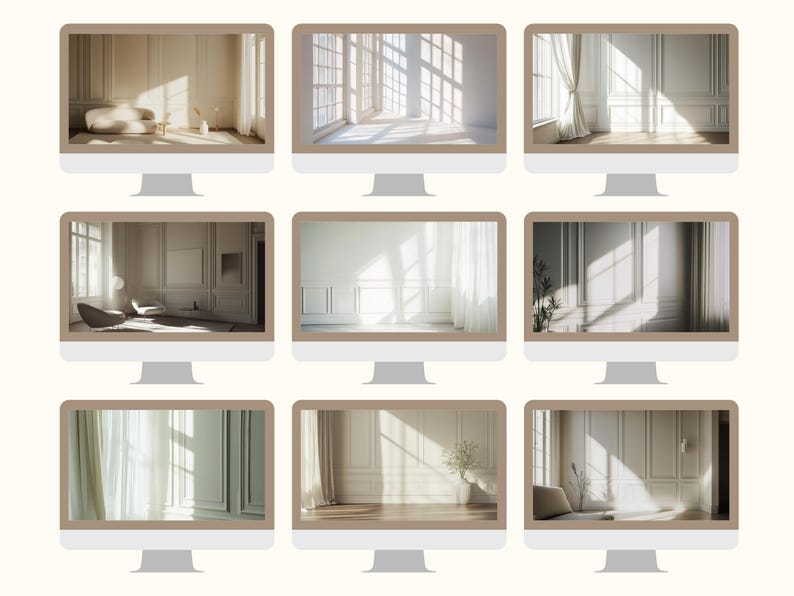 Minimalist Interior Zoom Background Professional Virtual Meeting Setup Natural Window Light Collection Modern Home Office Design Clean White Wall Scene Digital Backdrop Package Premium Quality Content Commercial License Include Professional