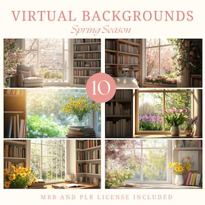 May include: Ten virtual backgrounds featuring a bookshelf and a window with a view of a spring scene. The backgrounds are ideal for Zoom meetings, online classes, or virtual events.