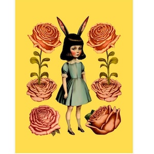 Rabbit Girl with Flowers 5X7 inches Postcard Sized Print Glossy Roses image 2