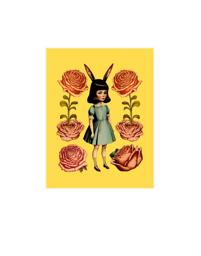 Rabbit Girl with Flowers 5X7 inches Postcard Sized Print Glossy Roses image 2