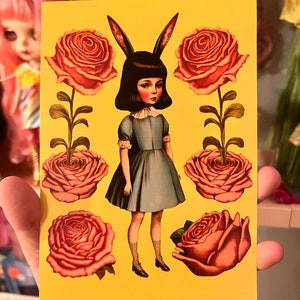 Rabbit Girl with Flowers 5X7 inches Postcard Sized Print Glossy Roses image 1