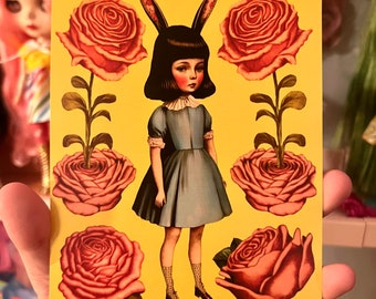 Rabbit Girl with Flowers| 5X7 inches | Postcard Sized Print| Glossy| Roses