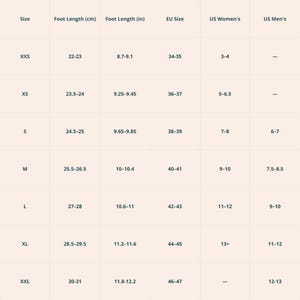 May include: A light-coloured informational chart displaying shoe size conversion data. The table includes columns for size, foot length in centimetres and inches, EU size, and US sizing for both genders, with rows ranging from XXS to XXL sizes.