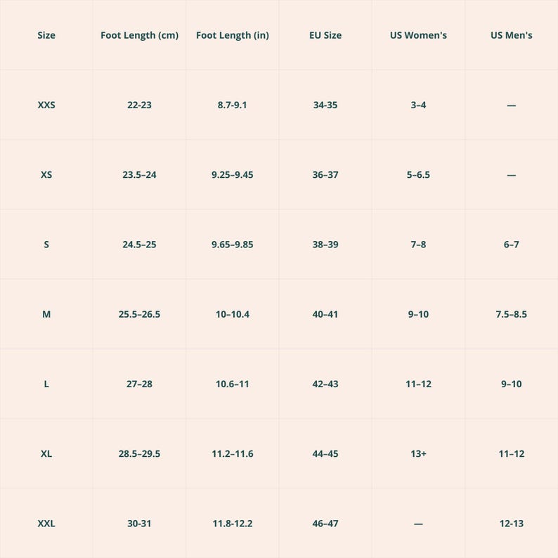May include: A light-coloured informational chart displaying shoe size conversion data. The table includes columns for size, foot length in centimetres and inches, EU size, and US sizing for both genders, with rows ranging from XXS to XXL sizes.