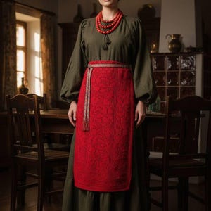 May include: An olive green long-sleeved dress with a gathered neckline and tassel detail, paired with a vibrant red rectangular apron featuring a textured floral pattern and a woven belt with a long fringe, plus a multi-strand red bead necklace.
