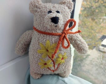 Handmade Plush Teddy Bear with Floral Embroidery Stuffed Animal Doll Home Decor